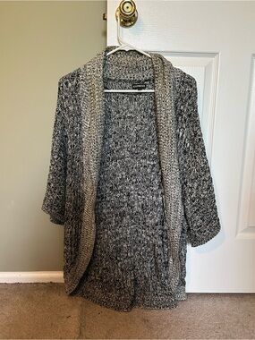 Express Marled Black and White Open-Front Knit Cardigan